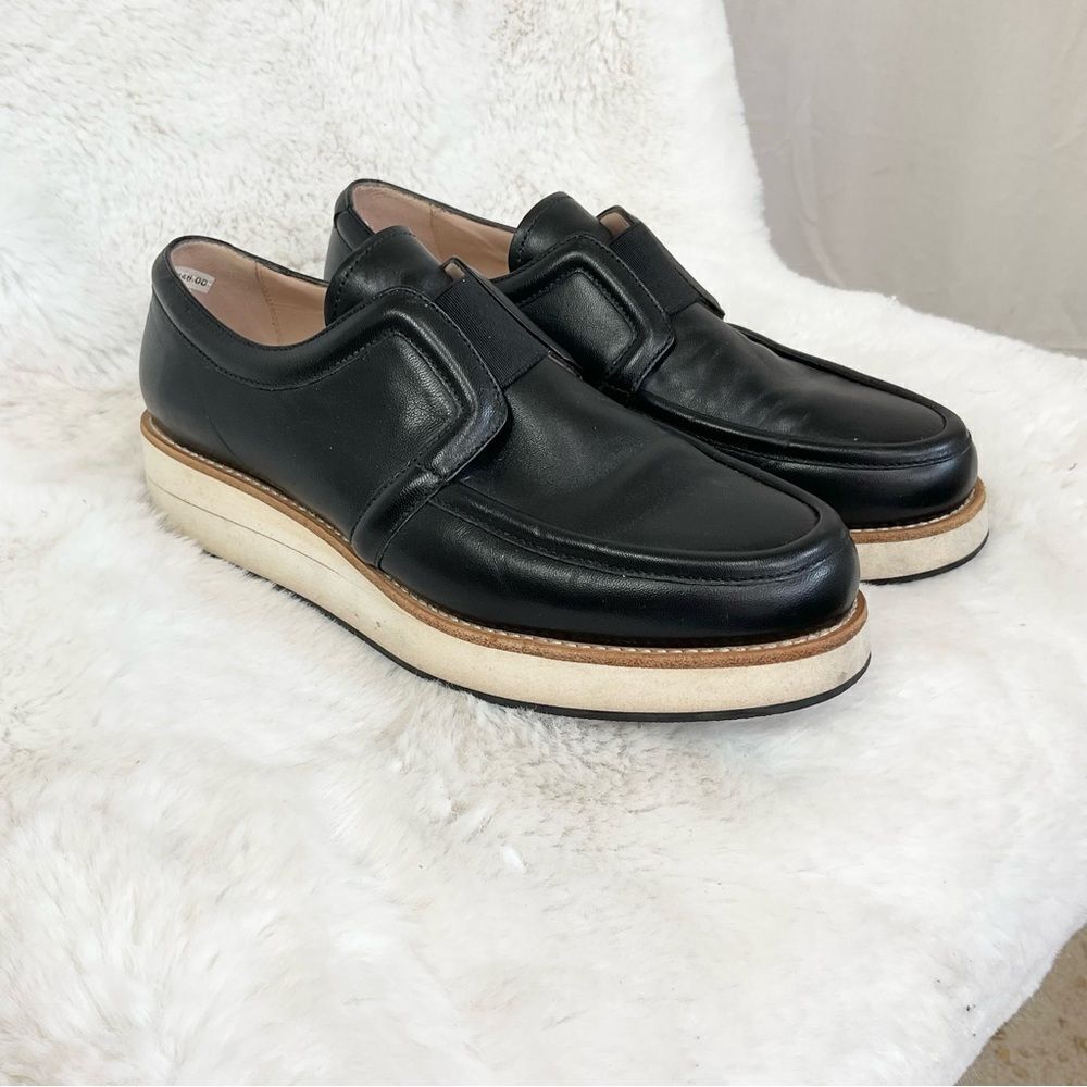 FURLA Plume Black Nappa Soft Onyx Leather Platform Loafers Made In Italy Size 5